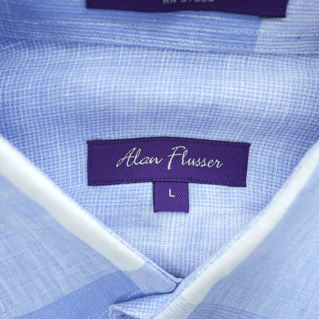 Alan Flusser リネン 長袖シャツ L ブルー ホワイト 大判チェック ボタンダウン 麻100%