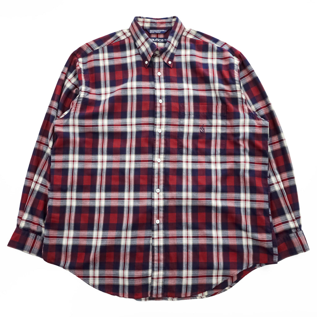 NAUTICA 90年代 USA製 ヴィンテージ 長袖 チェックシャツ XL レッド ネイビー ボタンダウン ワンポイントロゴ