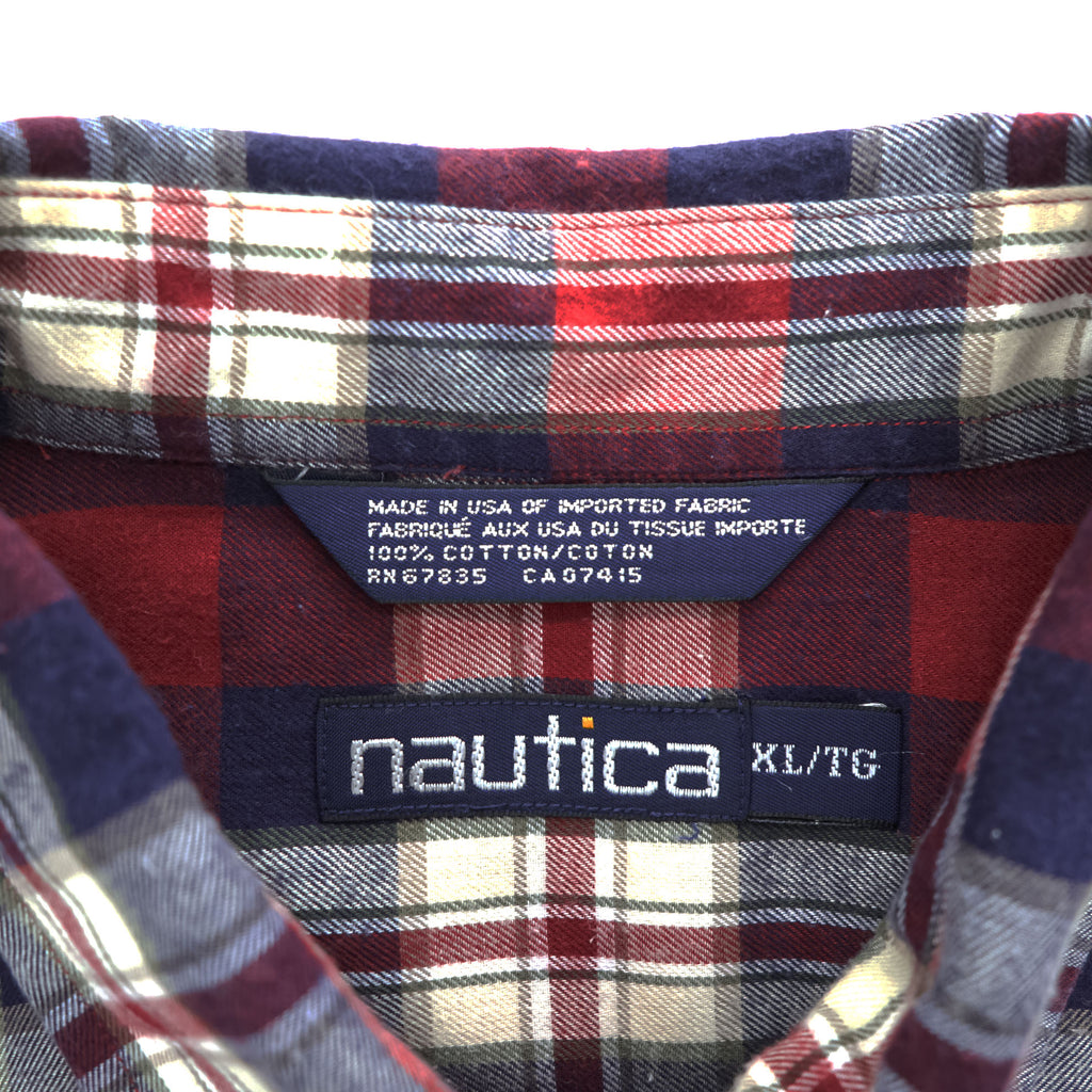 NAUTICA 90年代 USA製 ヴィンテージ 長袖 チェックシャツ XL レッド ネイビー ボタンダウン ワンポイントロゴ
