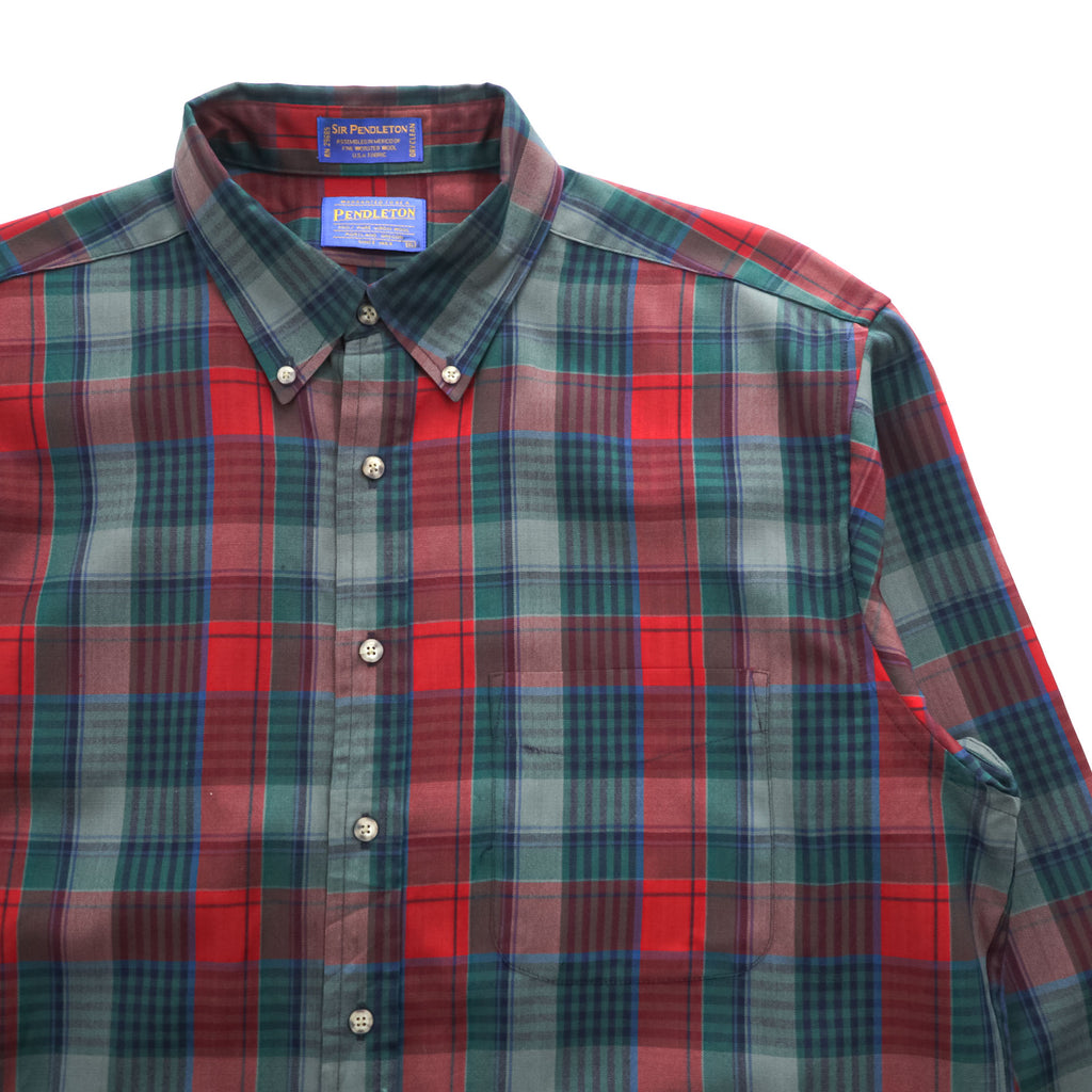 PENDLETON 長袖 チェック ウールシャツ XL レッド グリーン ボタンダウン SIR PURE VIRGIN WOOL USA FABRIC