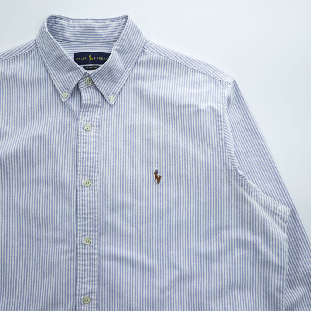 Ralph Lauren オックスフォード CLASSIC FIT 長袖シャツ XL ブルー ホワイト ストライプ  ボタンダウン スモールポニー ロゴ 刺繍