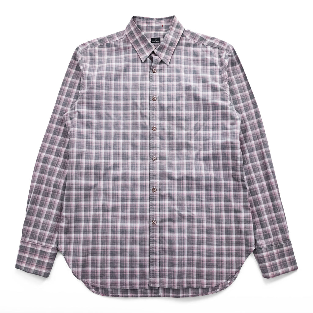 PS Paul Smith 長袖 チェックシャツ L ピンク グレー 切替 袖 花柄 コットン ポルトガル製