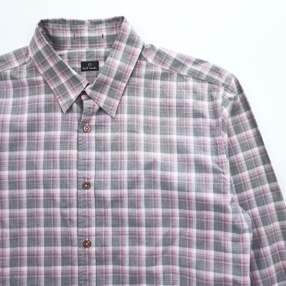 PS Paul Smith 長袖 チェックシャツ L ピンク グレー 切替 袖 花柄 コットン ポルトガル製