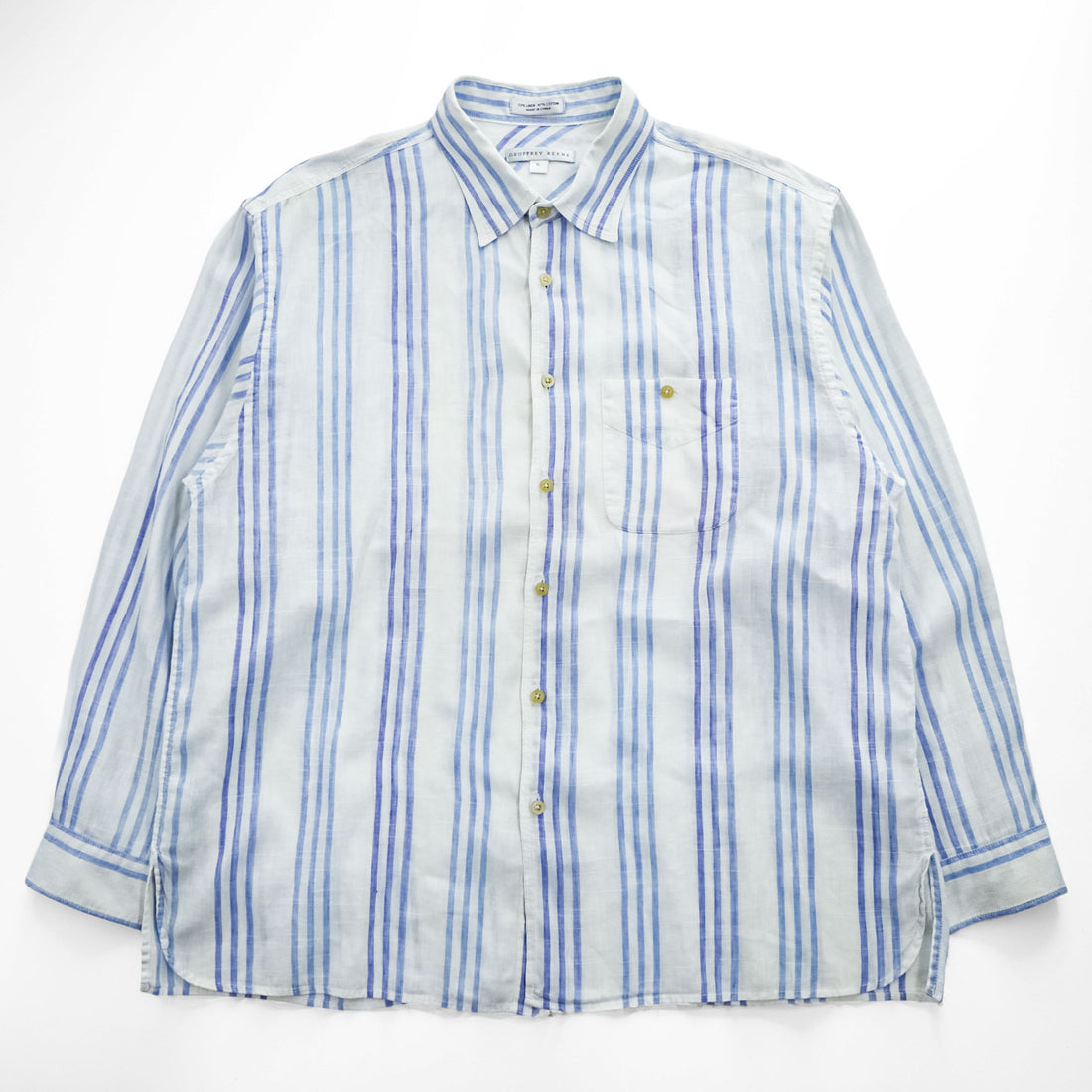 Geoffrey Beene Long Sleeve Stripe Shirt White Blue Linen Cotton Button Up XL