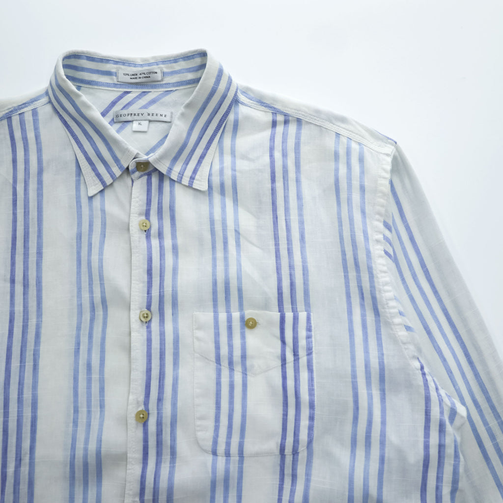 GEOFFREY BEENE リネン 長袖 ストライプシャツ XL ブルー ホワイト ボックスシルエット