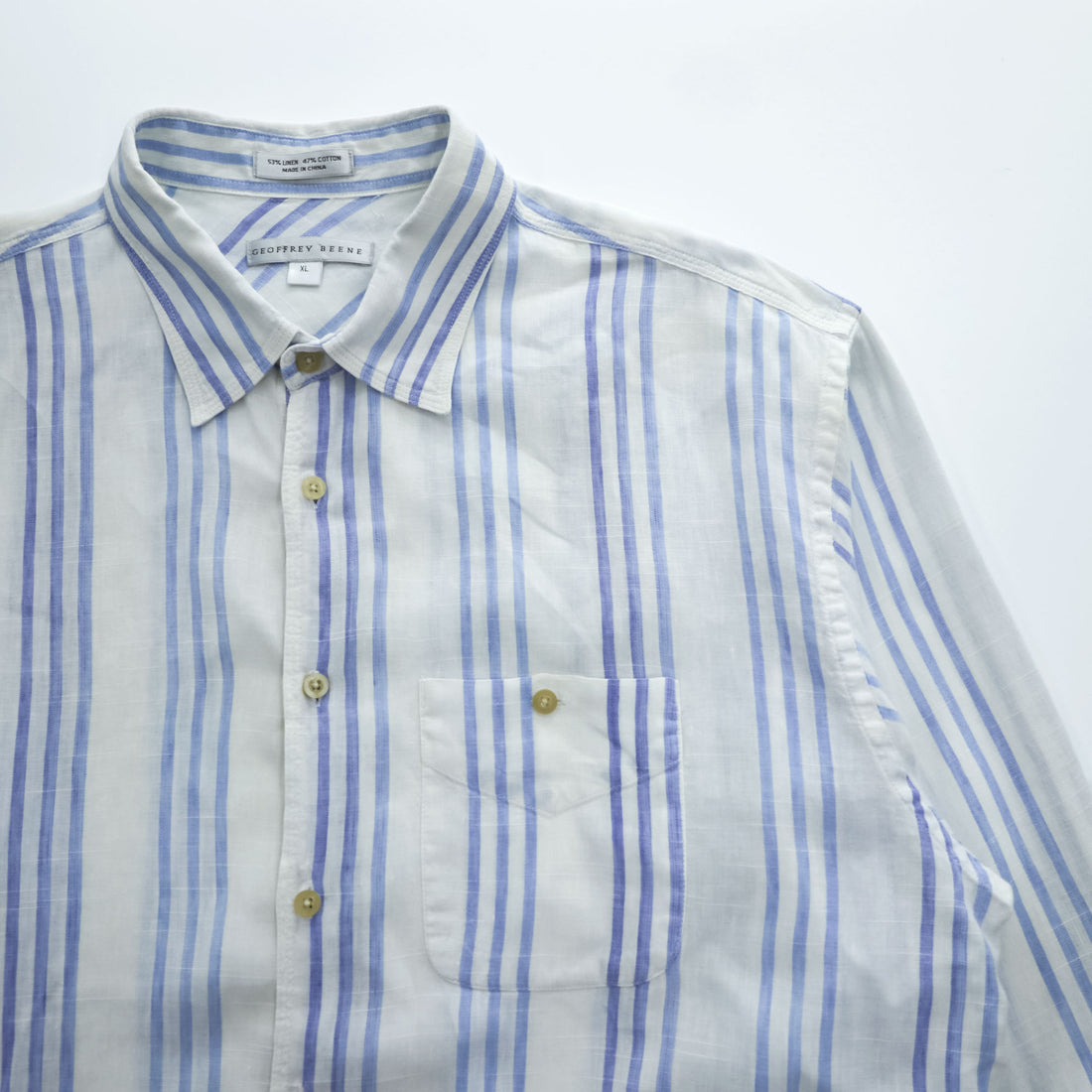 GEOFFREY BEENE リネン 長袖 ストライプシャツ XL ブルー ホワイト ボックスシルエット