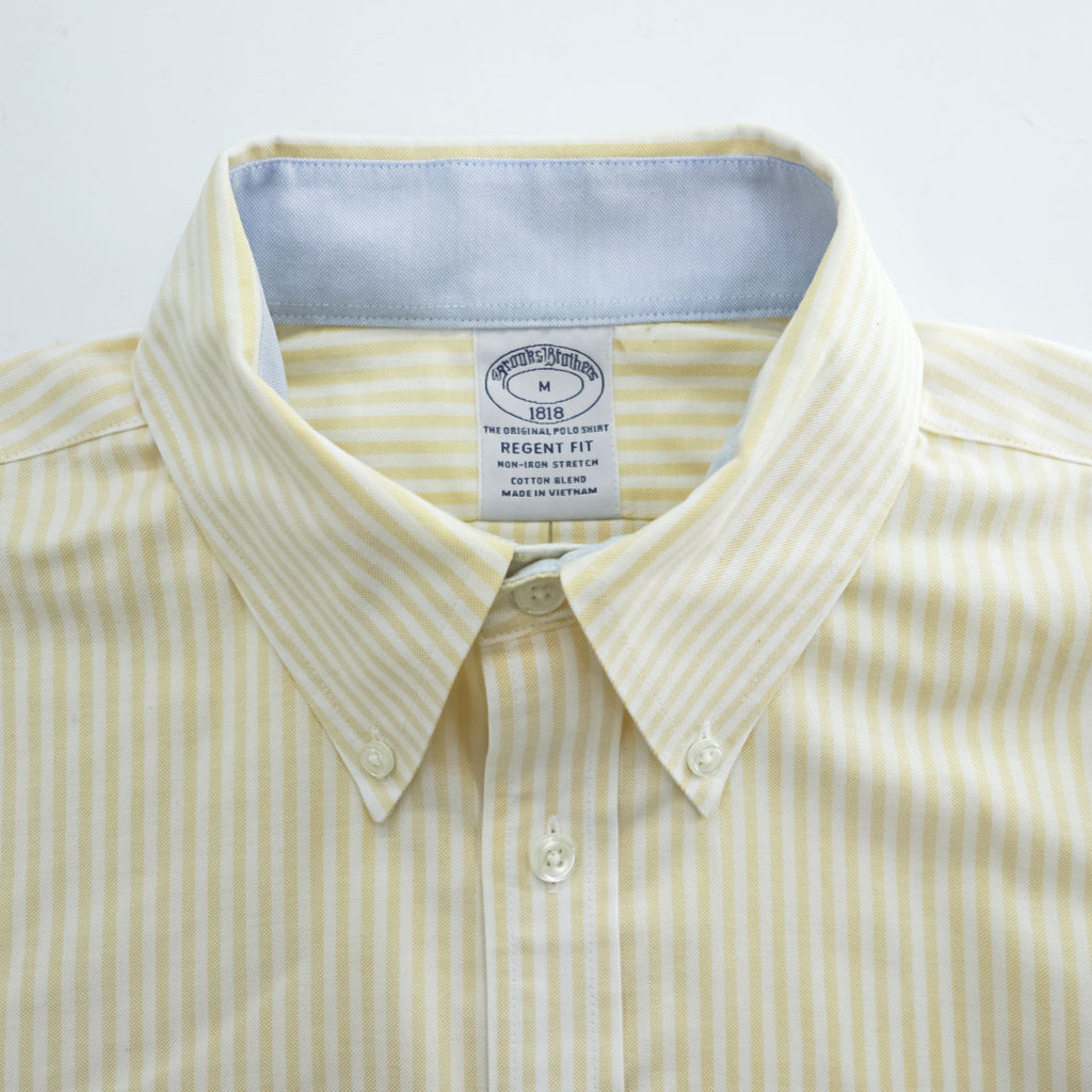 Brooks Brothers 長袖 ストライプ ボタンダウンシャツ M イエロー ワンポイントロゴ REGENT FIT ノンアイロン ストレッチ