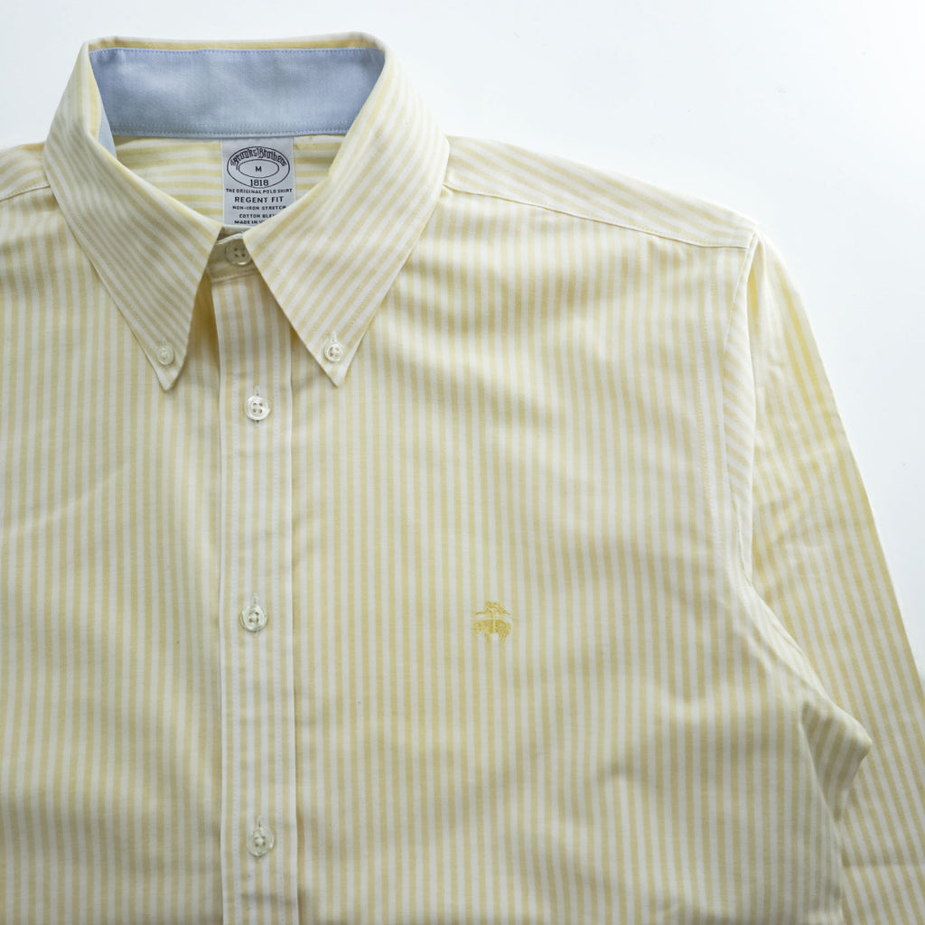 Brooks Brothers 長袖 ストライプ ボタンダウンシャツ M イエロー ワンポイントロゴ REGENT FIT ノンアイロン ストレッチ