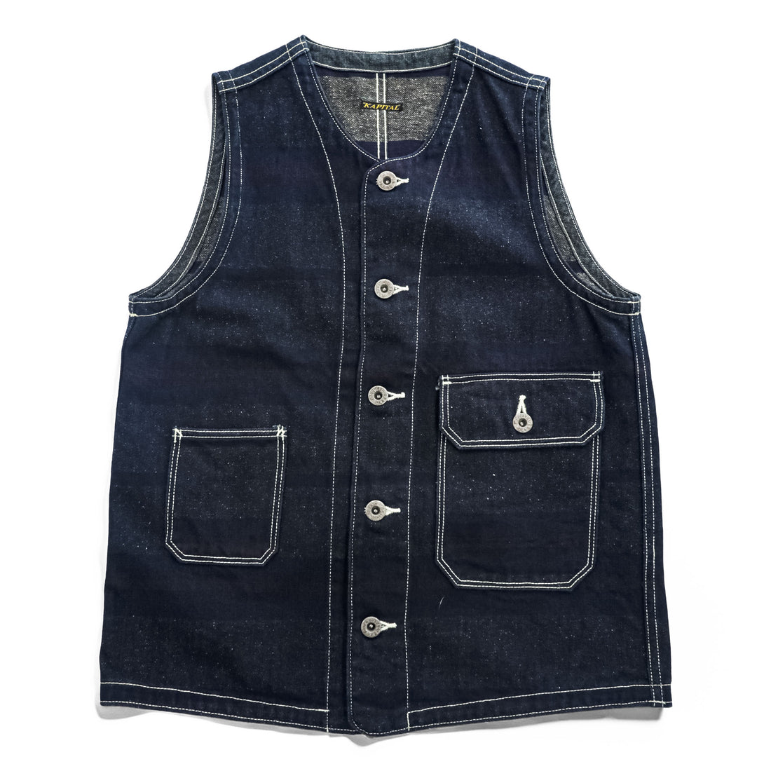 KAPITAL Nep Lining Denim Vest Indigo Work Vest Striped Lining Waistcoat Made in Japan Size XS