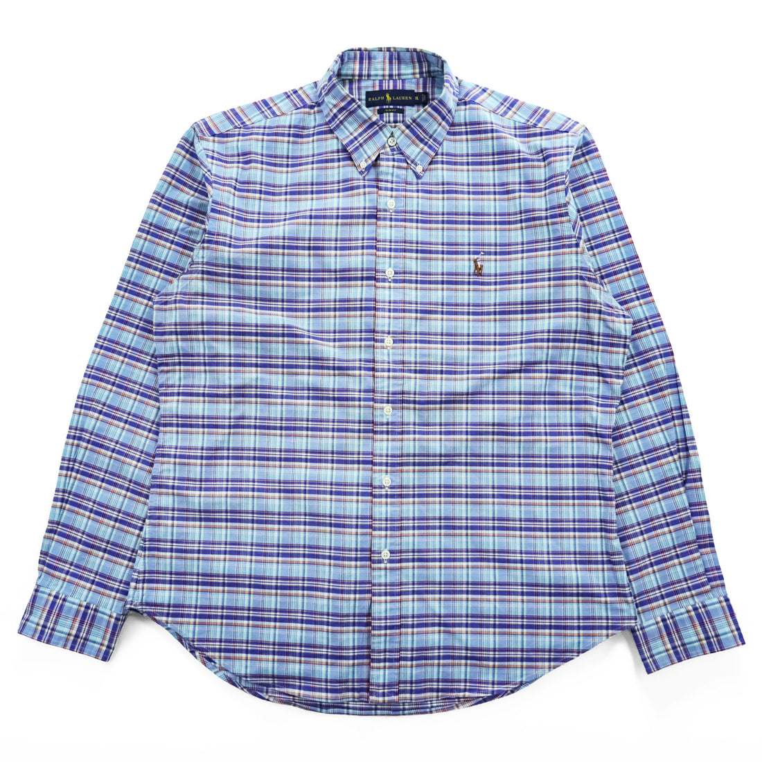 Ralph Lauren Long-Sleeve Button-Down Shirt, Size XL and up, Blue, Stretch, Checked, Small Pony Logo Embroidery, Slim Fit