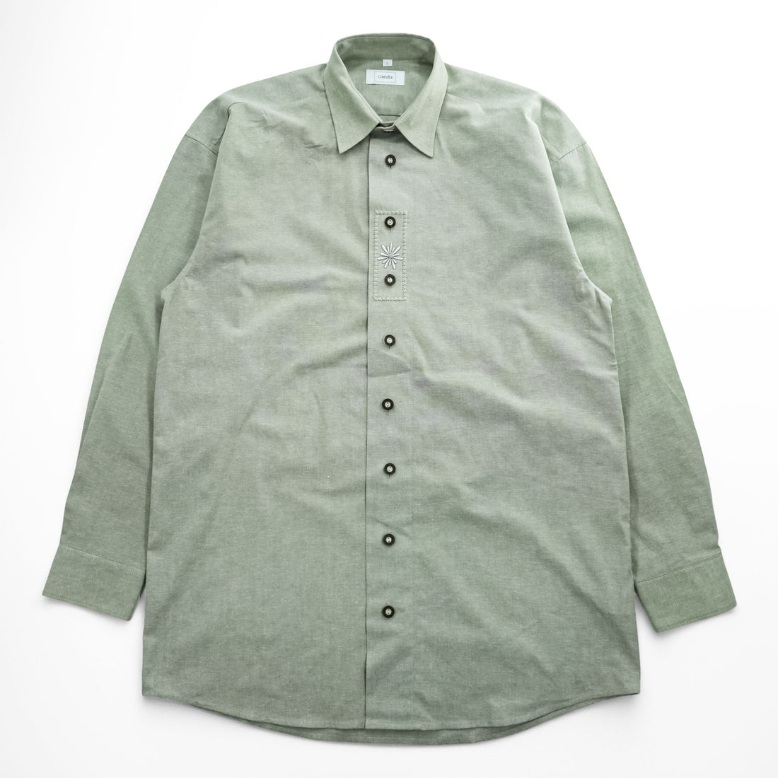Canda Cotton Long Sleeve Shirt Light Sage Green Embroidered Placket Button Front Size S