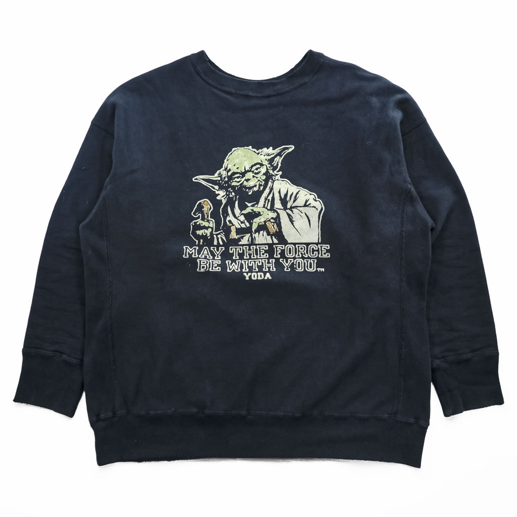 BOWWOW 日本製 ダメージ加工 リバースウィーブ スウェット トレーナー L ブラック フロッキープリント STAR WARS ヨーダ YODA