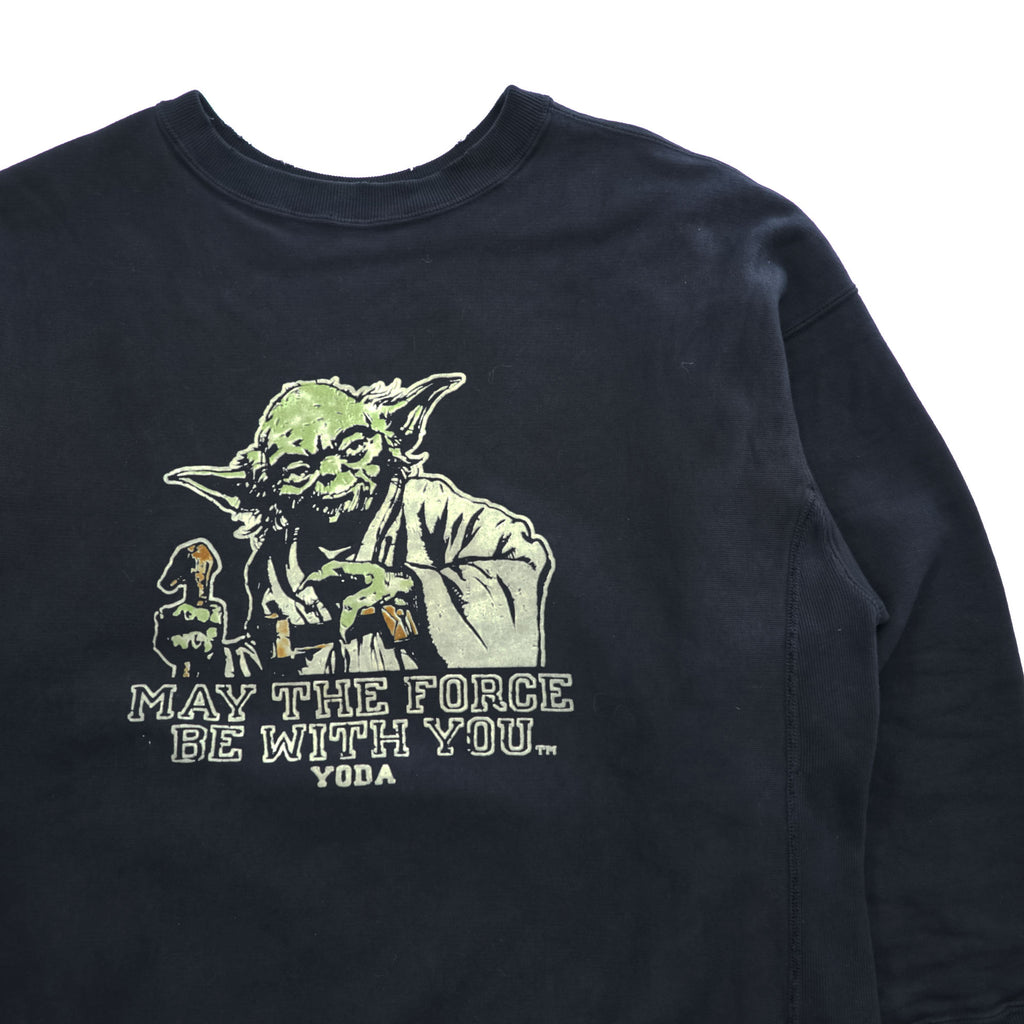BOWWOW 日本製 ダメージ加工 リバースウィーブ スウェット トレーナー L ブラック フロッキープリント STAR WARS ヨーダ YODA
