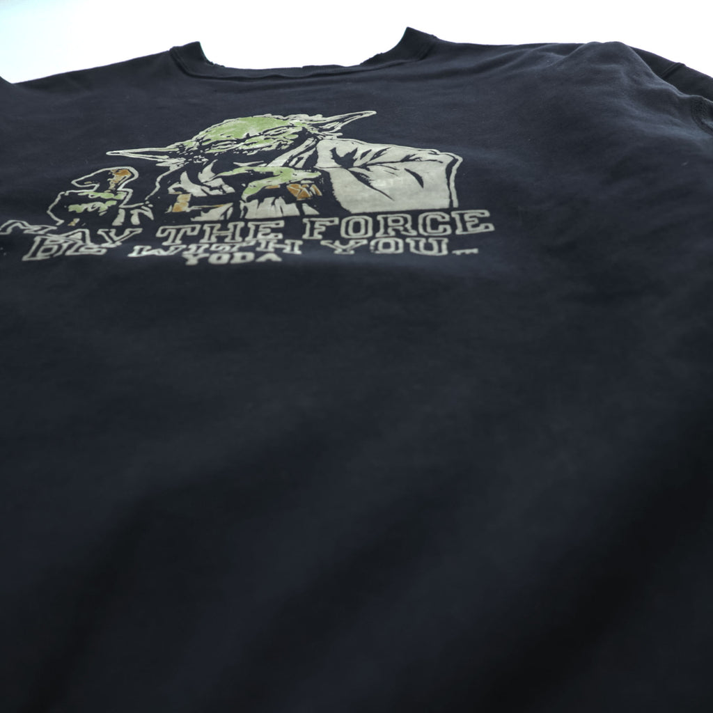 BOWWOW 日本製 ダメージ加工 リバースウィーブ スウェット トレーナー L ブラック フロッキープリント STAR WARS ヨーダ YODA