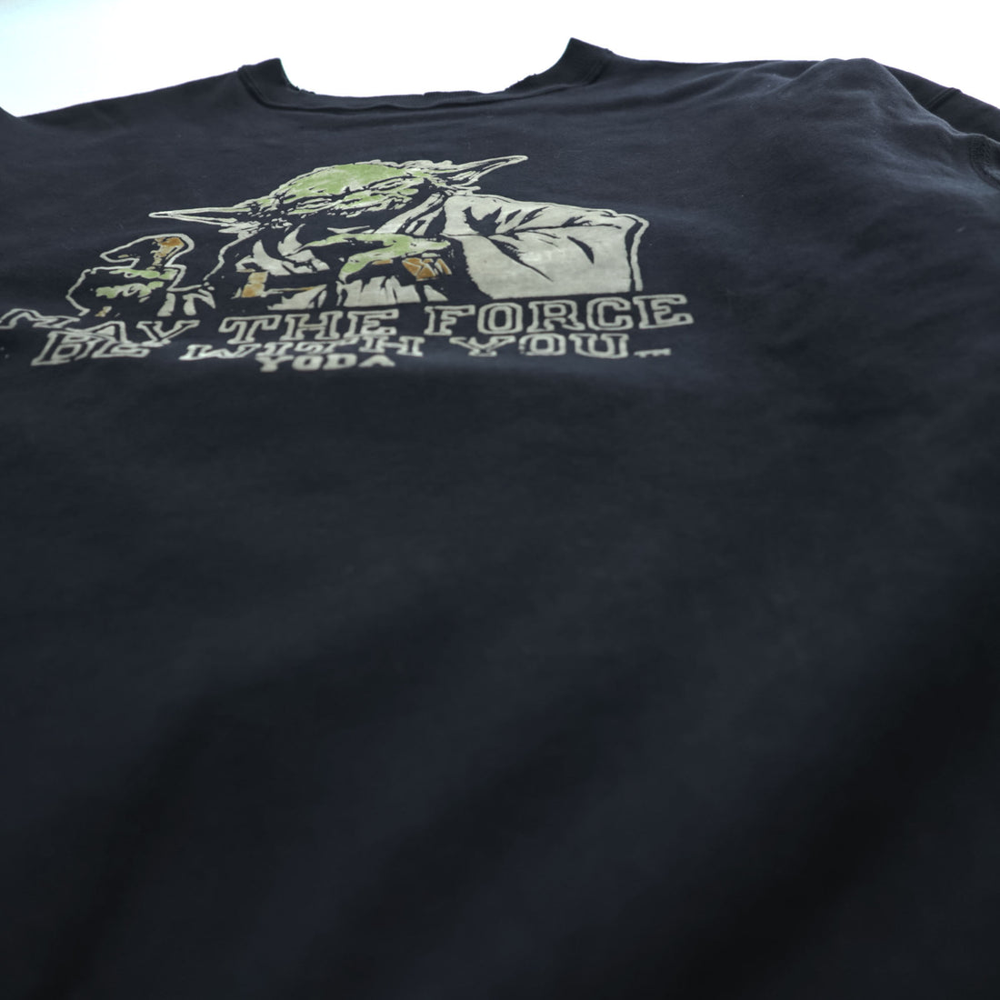 BOWWOW 日本製 ダメージ加工 リバースウィーブ スウェット トレーナー L ブラック フロッキープリント STAR WARS ヨーダ YODA