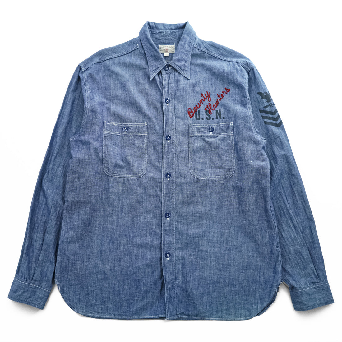 BUZZ RICKSON'S Made in Japan Long Sleeve Chambray Work Shirt Blue L, Embroidery, U.S.NAVAL AVIATION VF-2 BOUNTY HUNTERS Back Print & Stencil