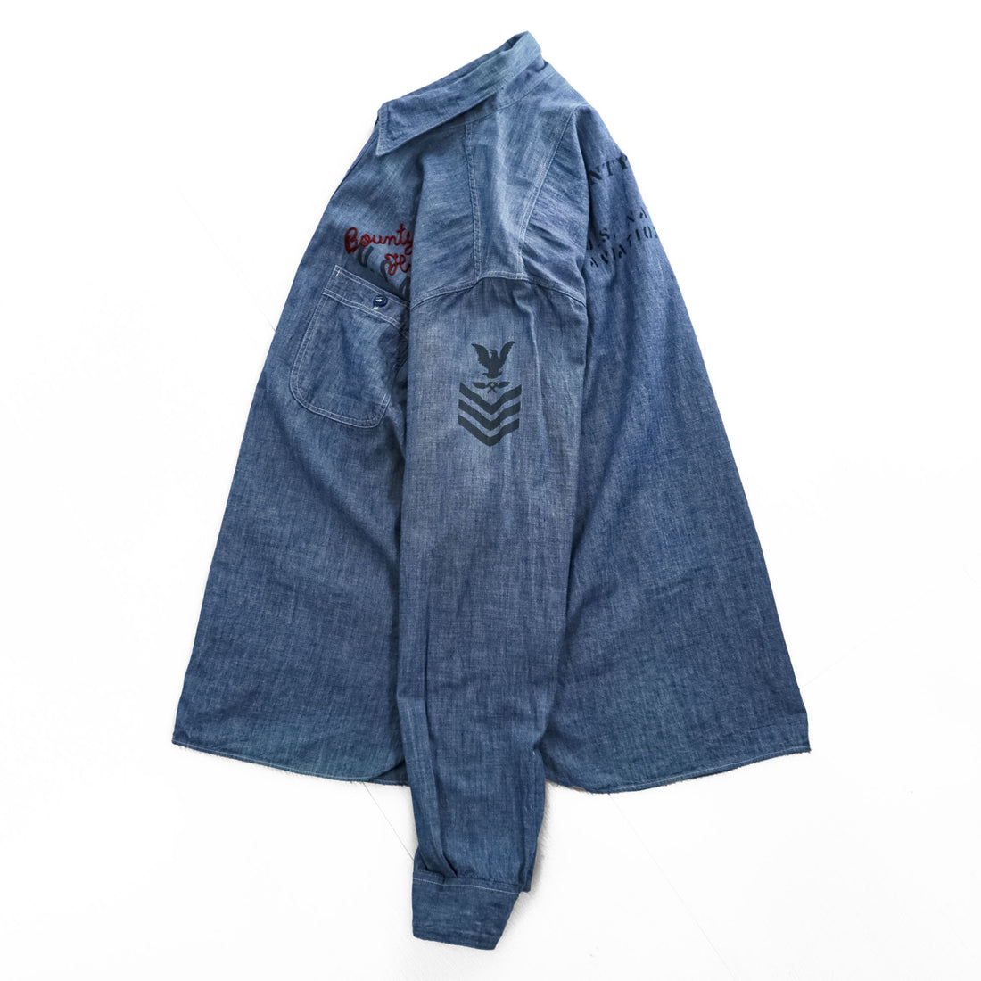 BUZZ RICKSON'S 日本製 シャンブレー 長袖シャツ ワークシャツ L ブルー 刺繍 バックプリント U.S.NAVAL AVIATION VF-2 BOUNTY HUNTERS ステンシル