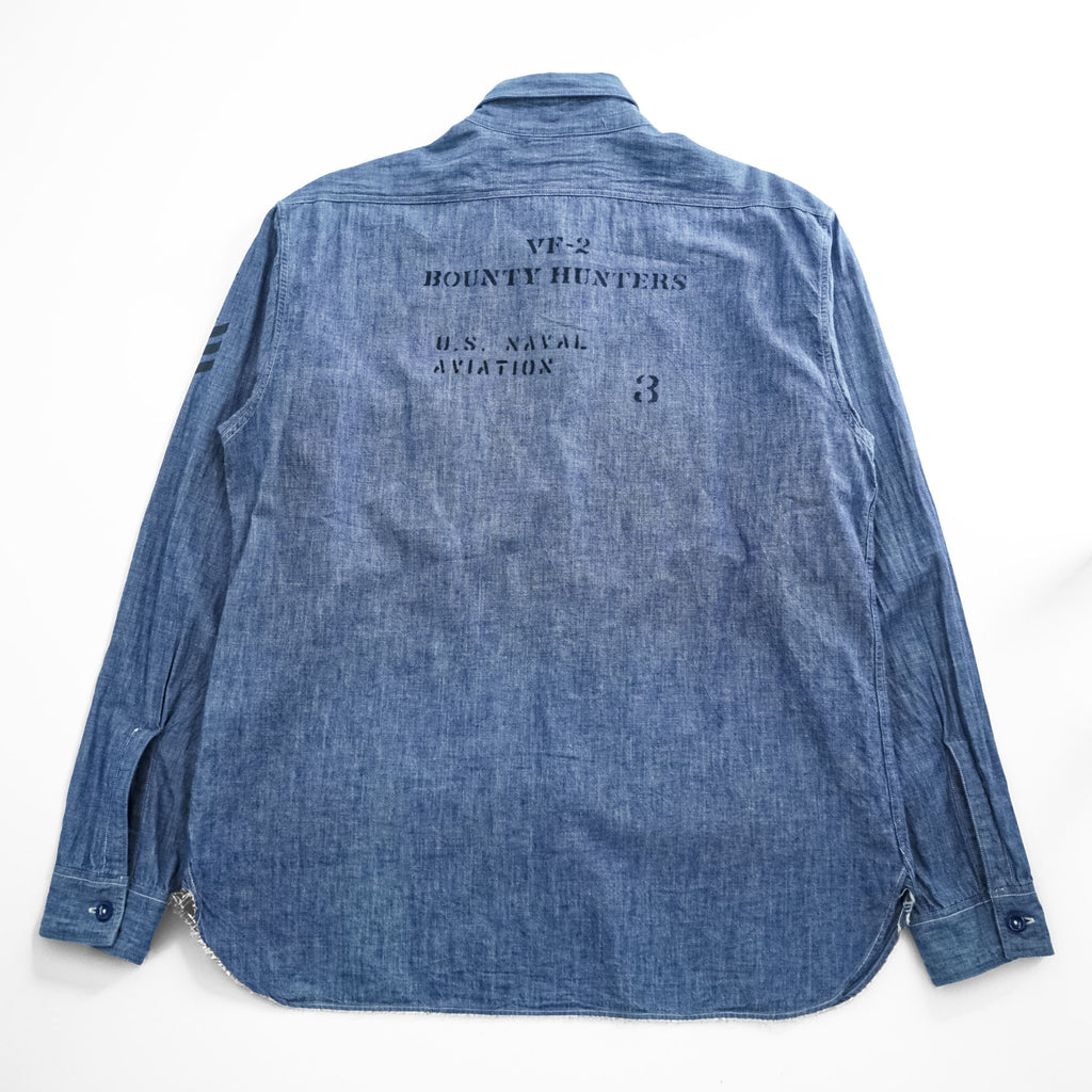 BUZZ RICKSON'S 日本製 シャンブレー 長袖シャツ ワークシャツ L ブルー 刺繍 バックプリント U.S.NAVAL AVIATION VF-2 BOUNTY HUNTERS ステンシル