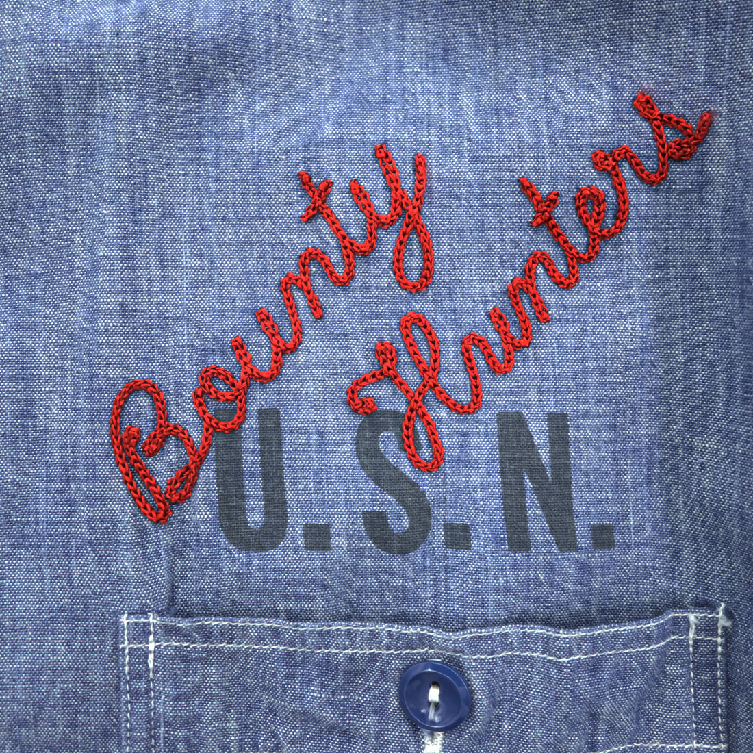 BUZZ RICKSON'S 日本製 シャンブレー 長袖シャツ ワークシャツ L ブルー 刺繍 バックプリント U.S.NAVAL AVIATION VF-2 BOUNTY HUNTERS ステンシル