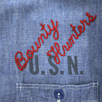 BUZZ RICKSON'S 日本製 シャンブレー 長袖シャツ ワークシャツ L ブルー 刺繍 バックプリント U.S.NAVAL AVIATION VF-2 BOUNTY HUNTERS ステンシル