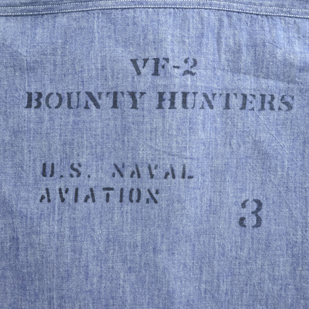 BUZZ RICKSON'S 日本製 シャンブレー 長袖シャツ ワークシャツ L ブルー 刺繍 バックプリント U.S.NAVAL AVIATION VF-2 BOUNTY HUNTERS ステンシル