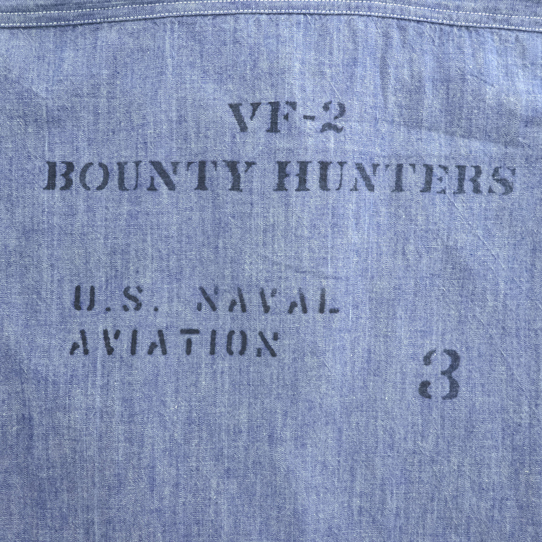 BUZZ RICKSON'S 日本製 シャンブレー 長袖シャツ ワークシャツ L ブルー 刺繍 バックプリント U.S.NAVAL AVIATION VF-2 BOUNTY HUNTERS ステンシル