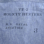 BUZZ RICKSON'S 日本製 シャンブレー 長袖シャツ ワークシャツ L ブルー 刺繍 バックプリント U.S.NAVAL AVIATION VF-2 BOUNTY HUNTERS ステンシル