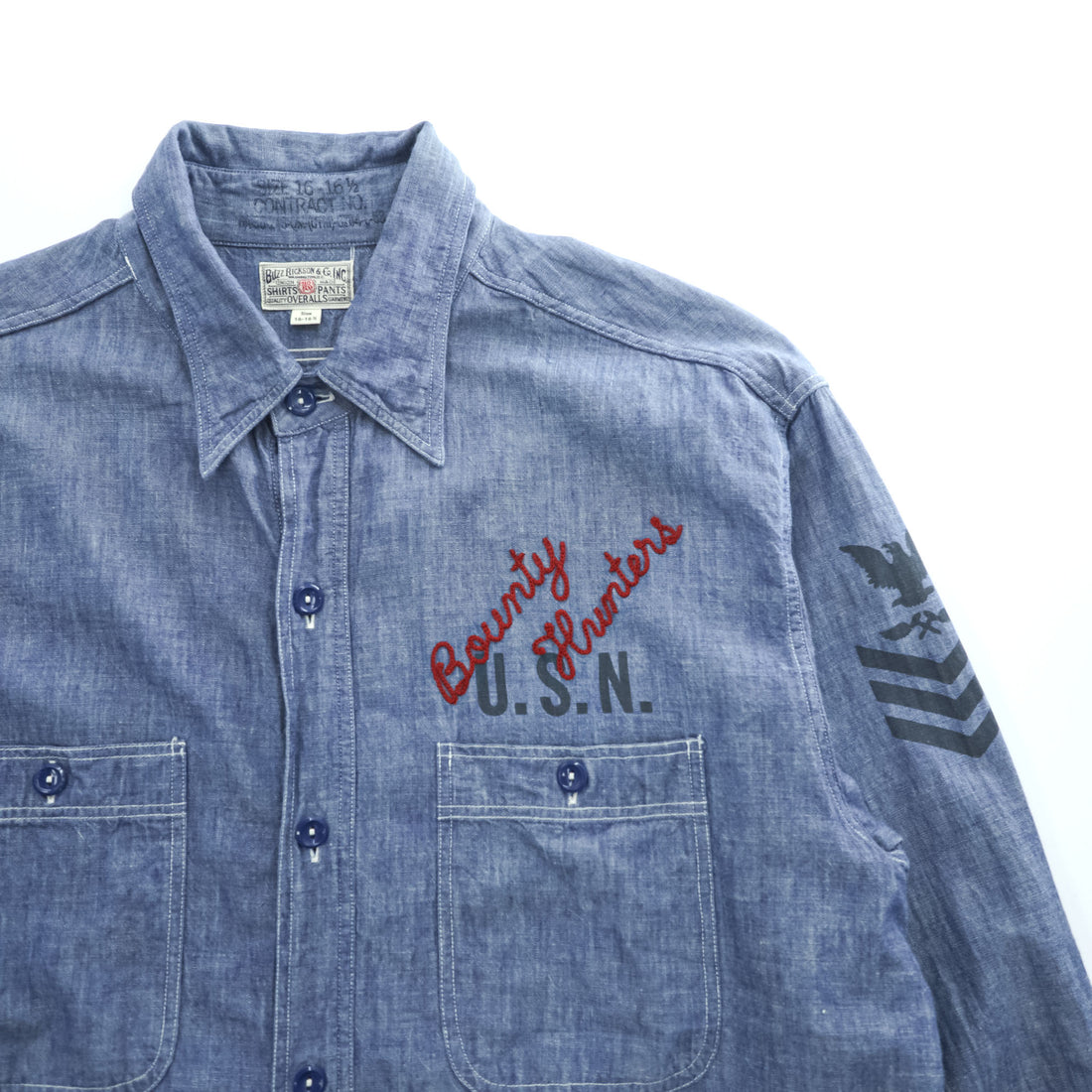 BUZZ RICKSON'S 日本製 シャンブレー 長袖シャツ ワークシャツ L ブルー 刺繍 バックプリント U.S.NAVAL AVIATION VF-2 BOUNTY HUNTERS ステンシル