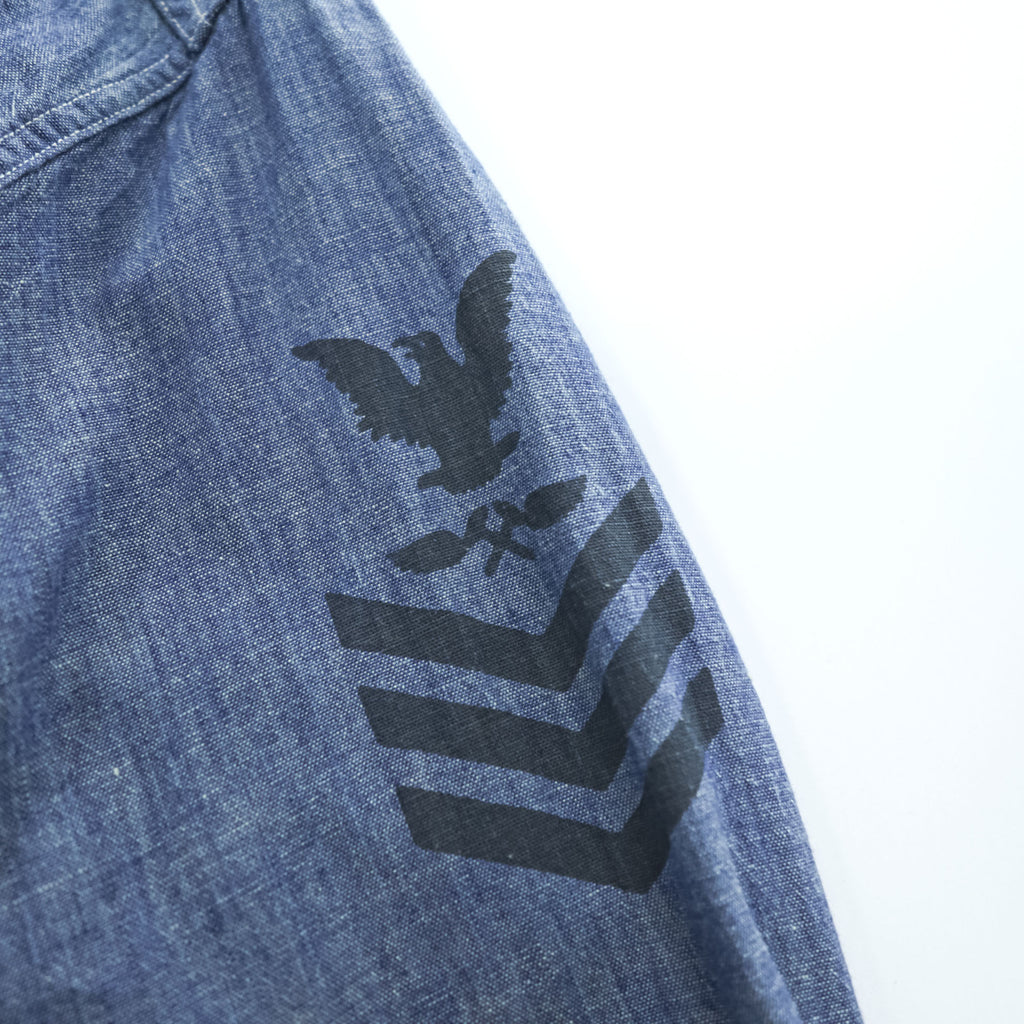 BUZZ RICKSON'S 日本製 シャンブレー 長袖シャツ ワークシャツ L ブルー 刺繍 バックプリント U.S.NAVAL AVIATION VF-2 BOUNTY HUNTERS ステンシル