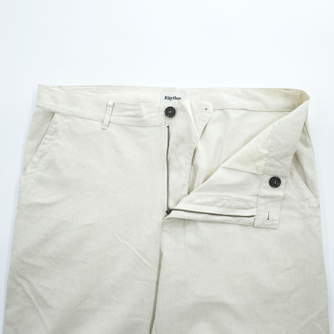 Rhythm Customs Linen Cotton Pants Off White Relaxed Straight Leg Button Fly Casual Trousers