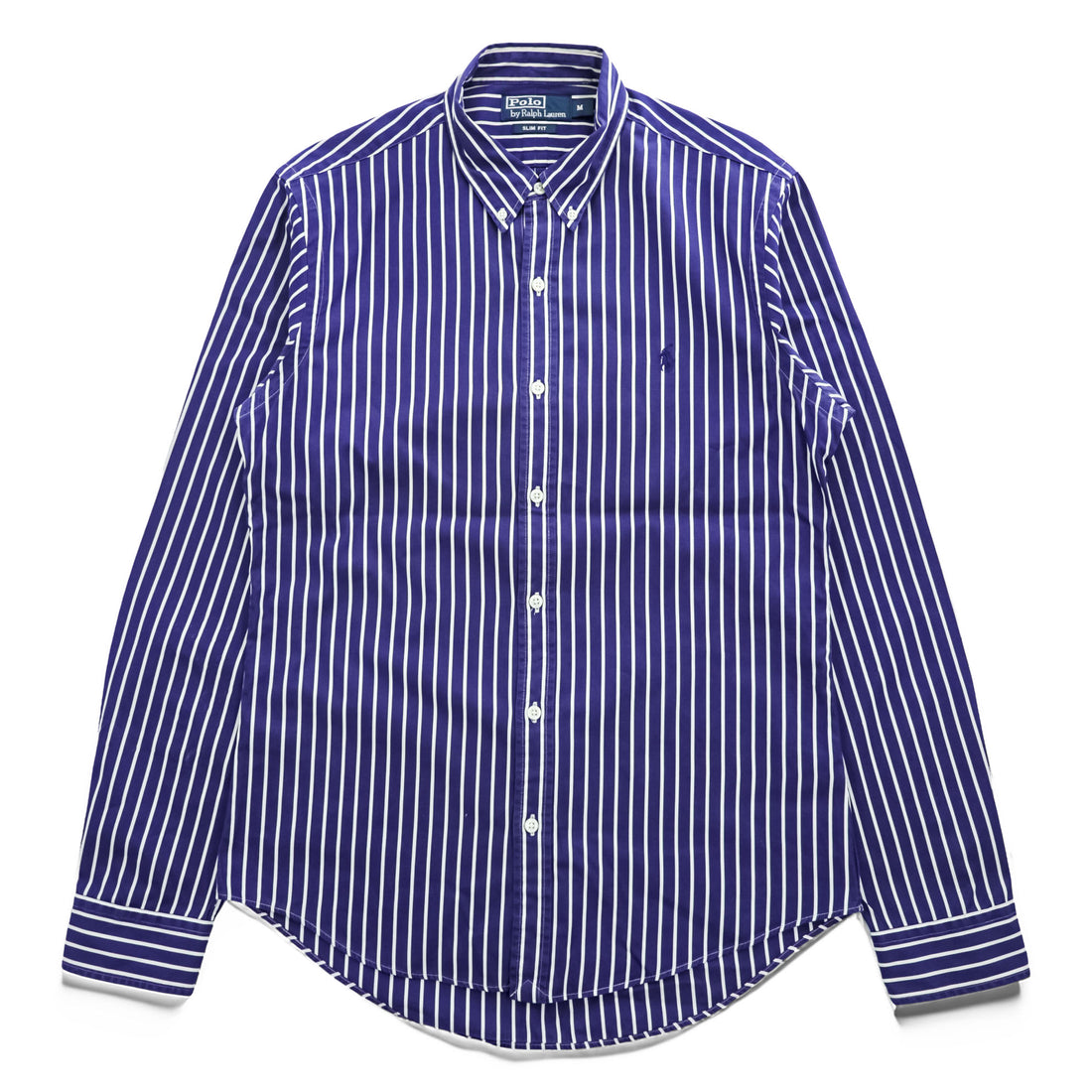 Polo Ralph Lauren 90s Vintage Long-Sleeve Button-Down Shirt, Size M, Blue, Striped, Small Pony Logo Embroidery, Slim Fit