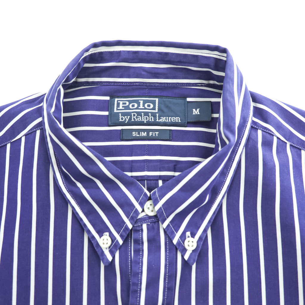 Polo Ralph Lauren 90年代 ヴィンテージ 長袖 ストライプ  ボタンダウンシャツ M ブルー SLIM FIT スモールポニー ロゴ 刺繍