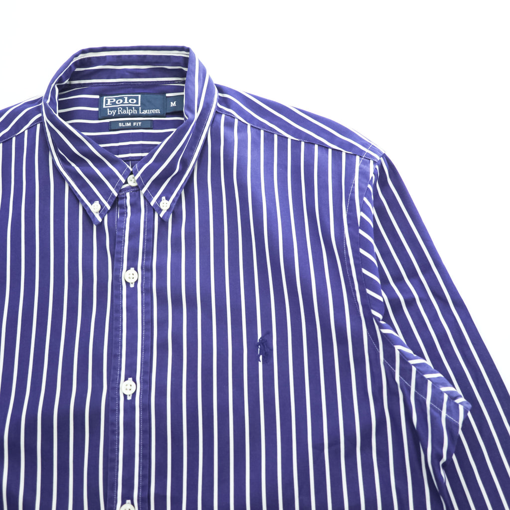Polo Ralph Lauren 90年代 ヴィンテージ 長袖 ストライプ  ボタンダウンシャツ M ブルー SLIM FIT スモールポニー ロゴ 刺繍