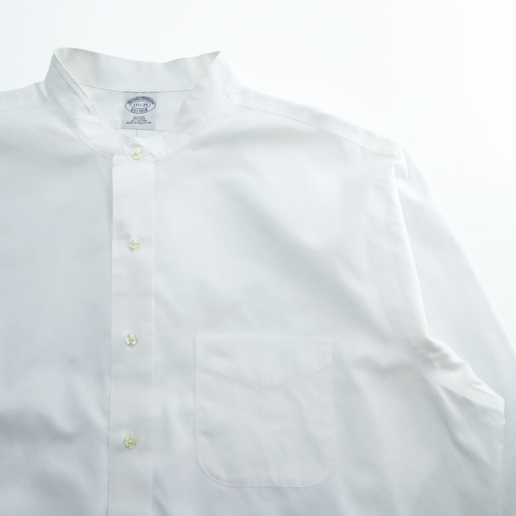 Brooks Brothers バンドカラー 長袖 シャツ XL ホワイト SLIM FIT ノンアイロン 胸ポケット