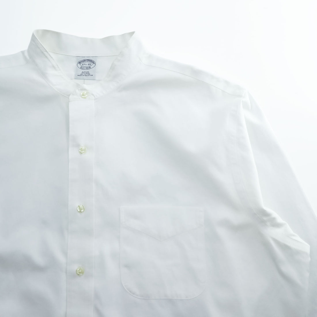 Brooks Brothers バンドカラー 長袖 シャツ XL ホワイト SLIM FIT ノンアイロン 胸ポケット