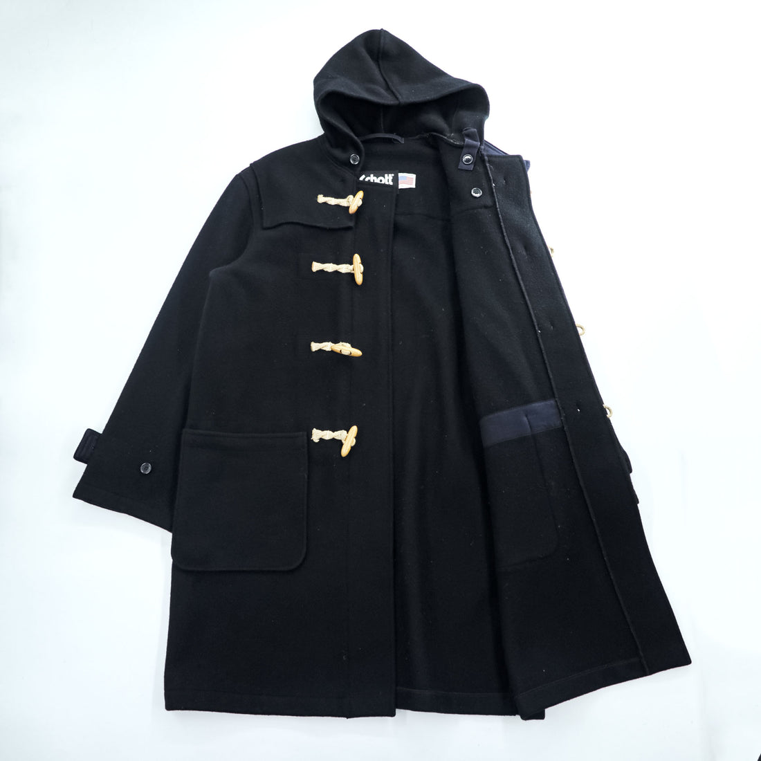 Schott NYC Hooded Duffle Coat Black Made in USA Wool Nylon Toggle Long Coat Size L