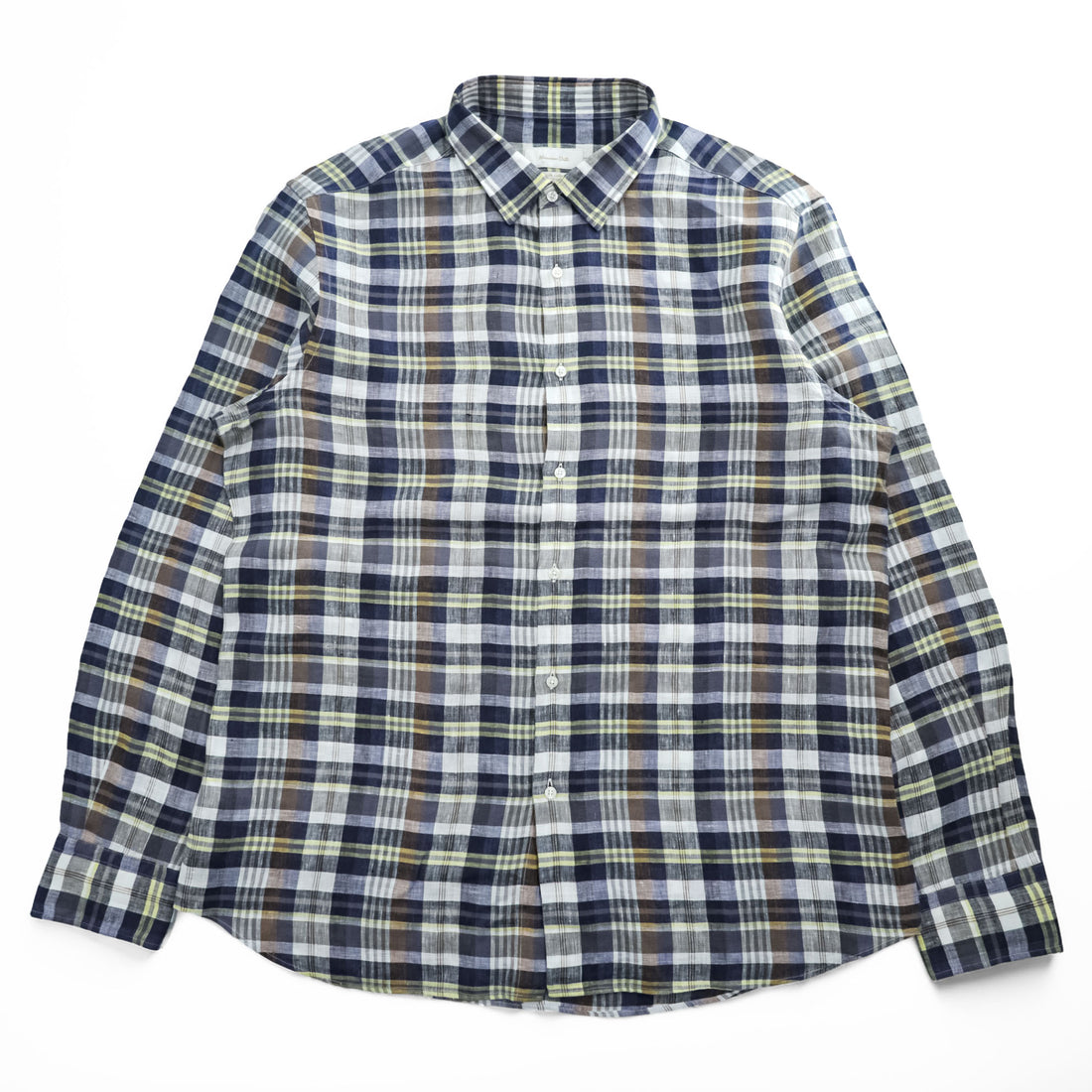 Massimo Dutti 100% Linen Plaid Shirt Long Sleeve Navy White Brown Yellow Check