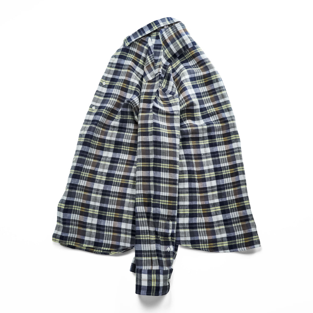 Massimo Dutti リネン 長袖 チェックシャツ XXL マドラスチェック 麻100% ネイビー