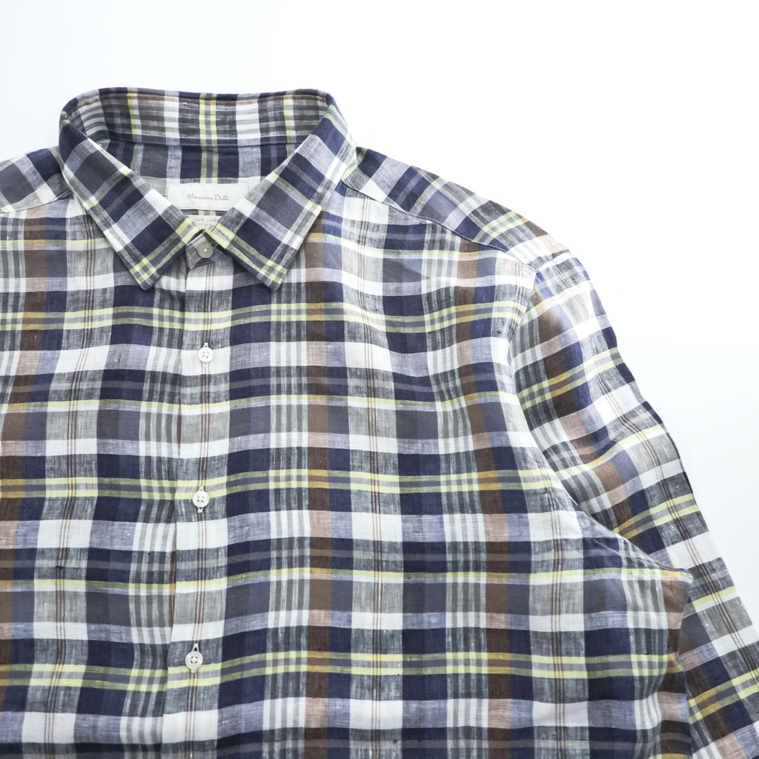 Massimo Dutti リネン 長袖 チェックシャツ XXL マドラスチェック 麻100% ネイビー