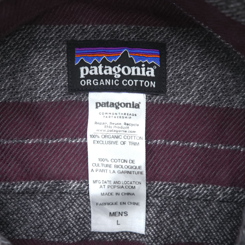 Patagonia オーガニックコットン 長袖 ワークシャツ ボーダーシャツ L グレー 胸ポケット 53947