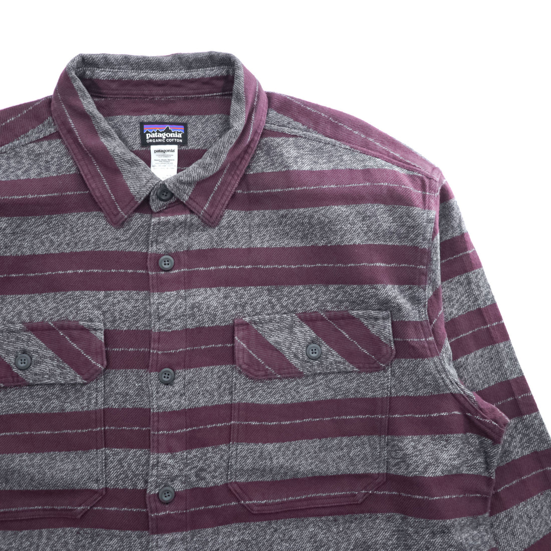 Patagonia オーガニックコットン 長袖 ワークシャツ ボーダーシャツ L グレー 胸ポケット 53947