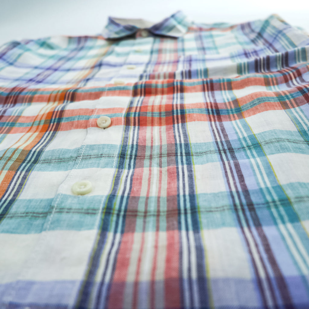 TOMMY BAHAMA リネン 長袖 チェックシャツ L オレンジ グリーン ブルー マドラスチェック 胸ポケット