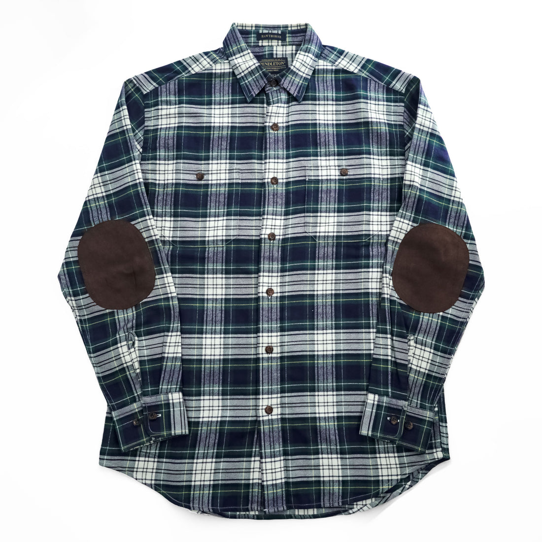 PENDLETON HAWTHORNE Flannel Long Sleeve Shirt with Elbow Patch, Green Navy Campbell Dress Tartan, M