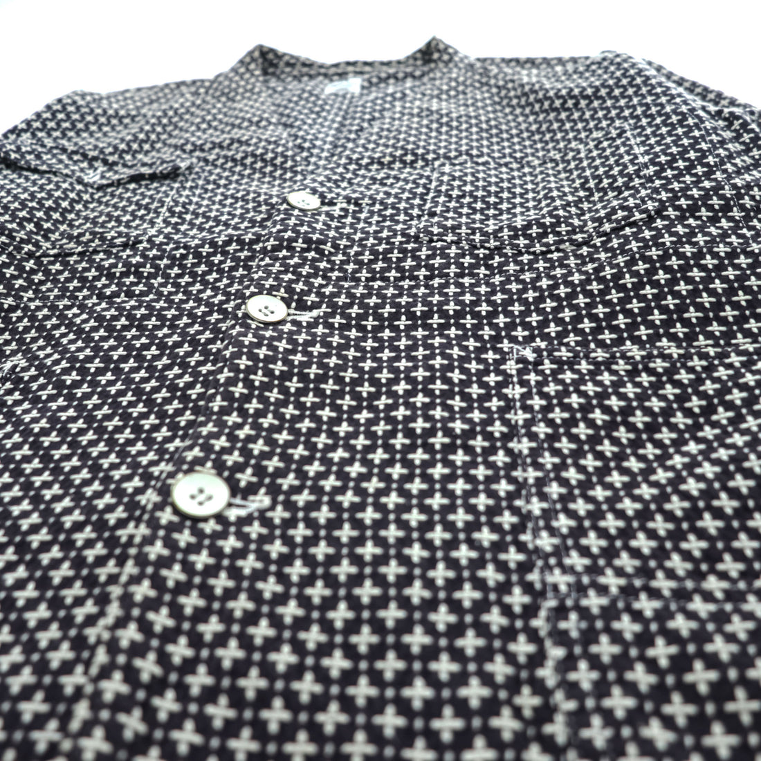 Sasquatchfabrix. 日本製 刺し子 ノーカラー ジャケット カバーオール L ネイビー ホワイト 16SS-JKL-006