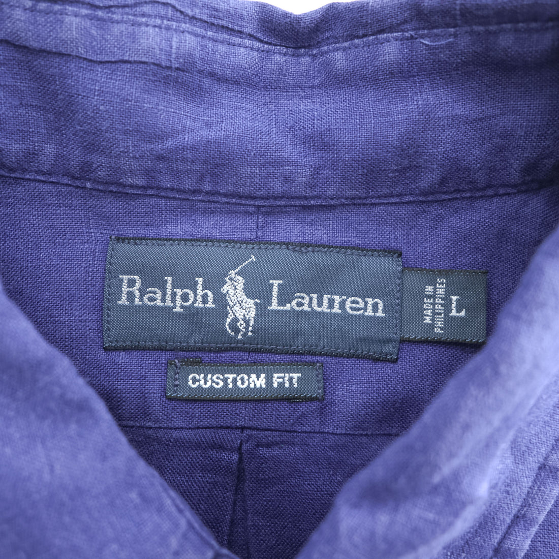 Ralph Lauren 90年代 ヴィンテージ リネン 長袖シャツ L ボタンダウン ブルー スモールポニー ロゴ 刺繍 COSTOM FIT