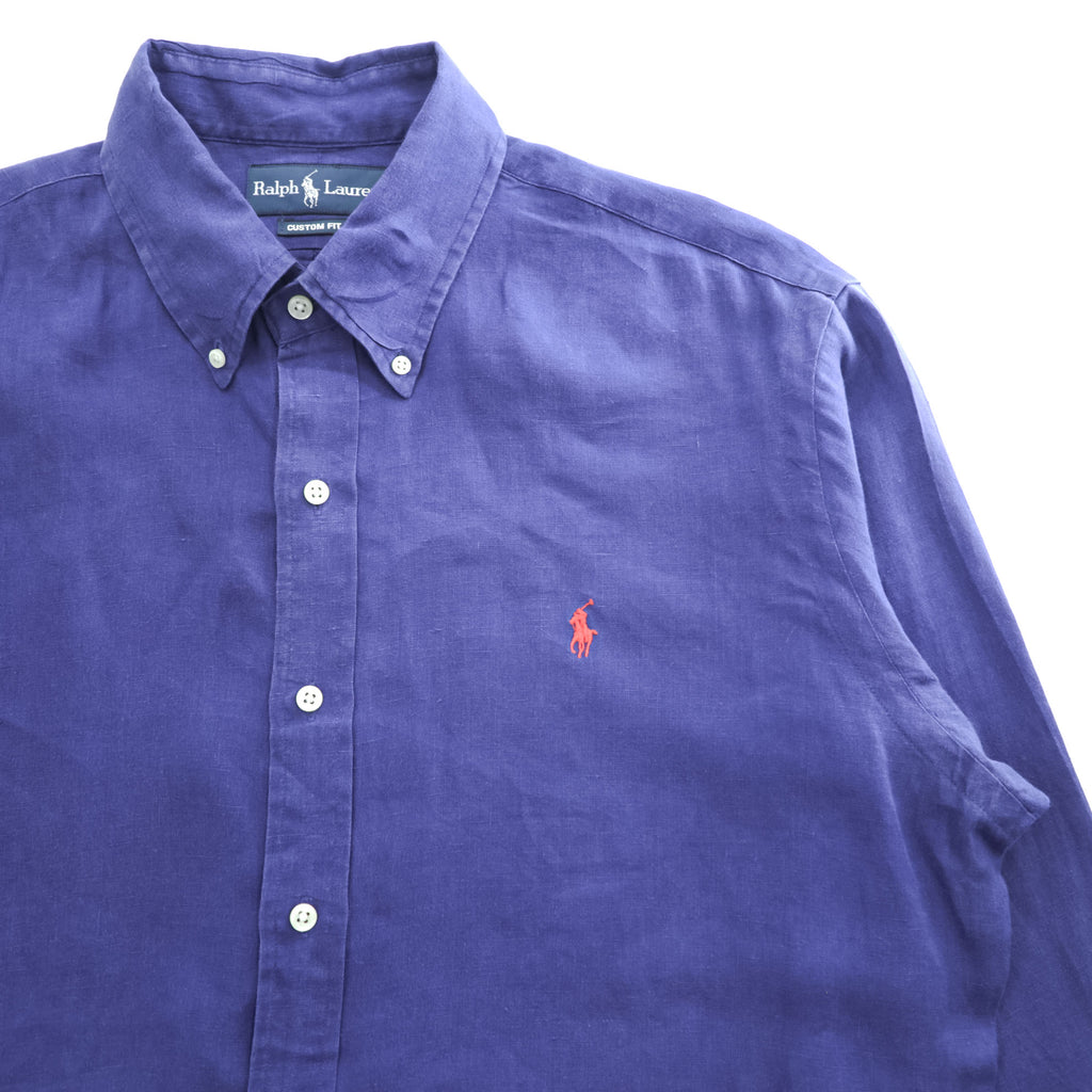 Ralph Lauren 90年代 ヴィンテージ リネン 長袖シャツ L ボタンダウン ブルー スモールポニー ロゴ 刺繍 COSTOM FIT