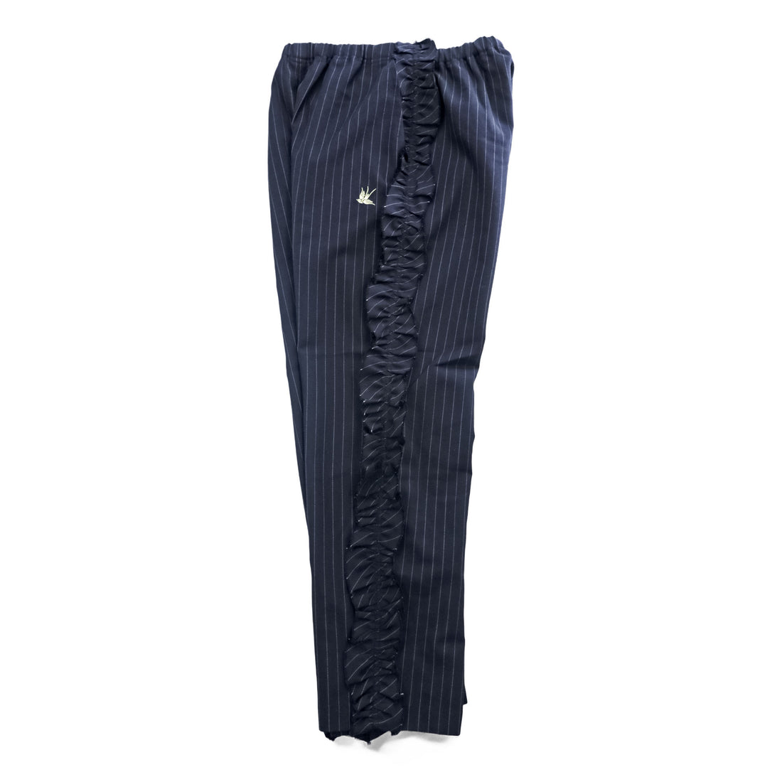 RHODOLIRION (NEPENTHES) フリルサイド ストライプパンツ Frill Side Stripe Pants スラックス イージーパンツ ネイビー ギャバジン NQ974
