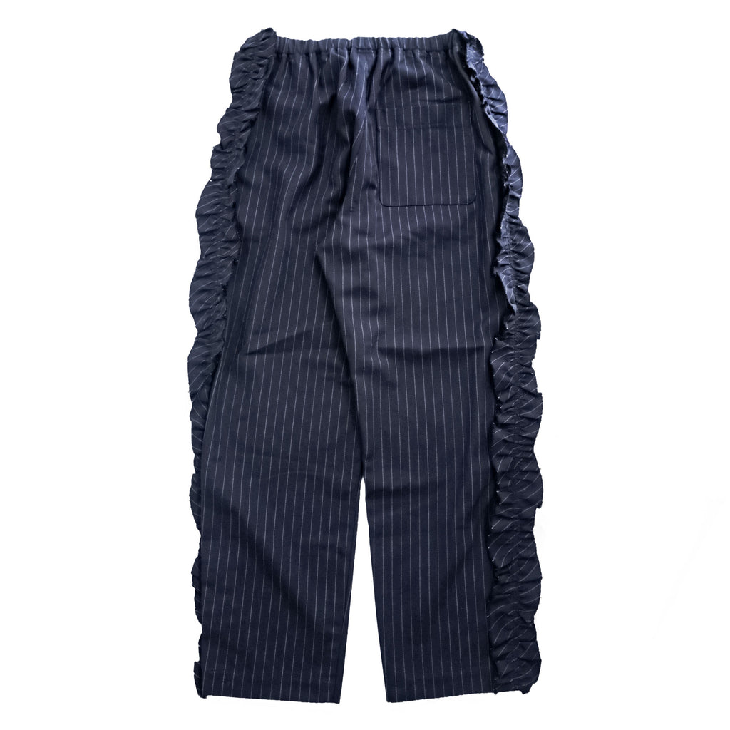 RHODOLIRION (NEPENTHES) フリルサイド ストライプパンツ Frill Side Stripe Pants スラックス イージーパンツ ネイビー ギャバジン NQ974