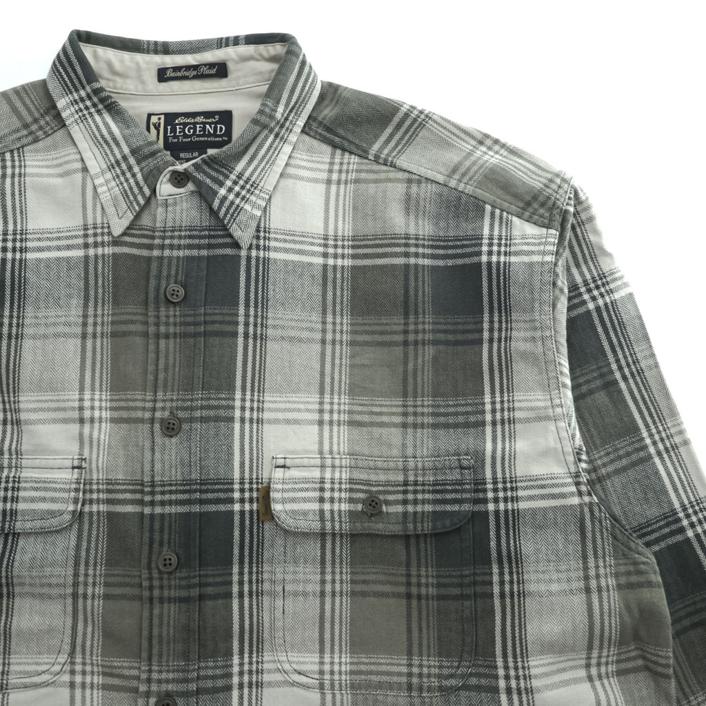 Eddie Bauer 90年代 ヴィンテージ フランネル 長袖チェックシャツ XL カーキ ベージュ Bainbridge Plaid LEGEND