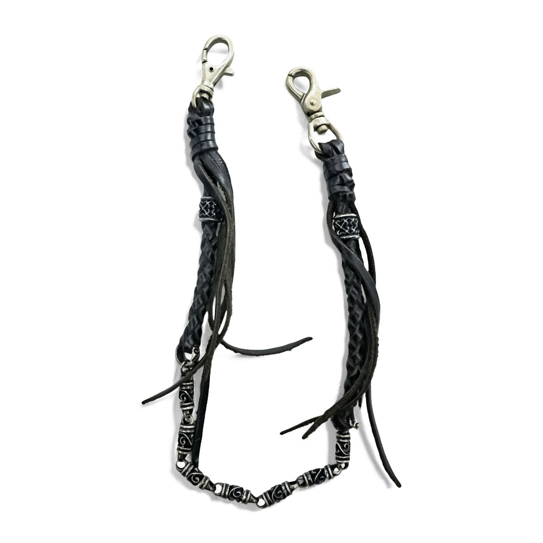 Black Braided Leather Wallet Chain Silver Tone Beads Fringe Tassel Biker Native Y2K